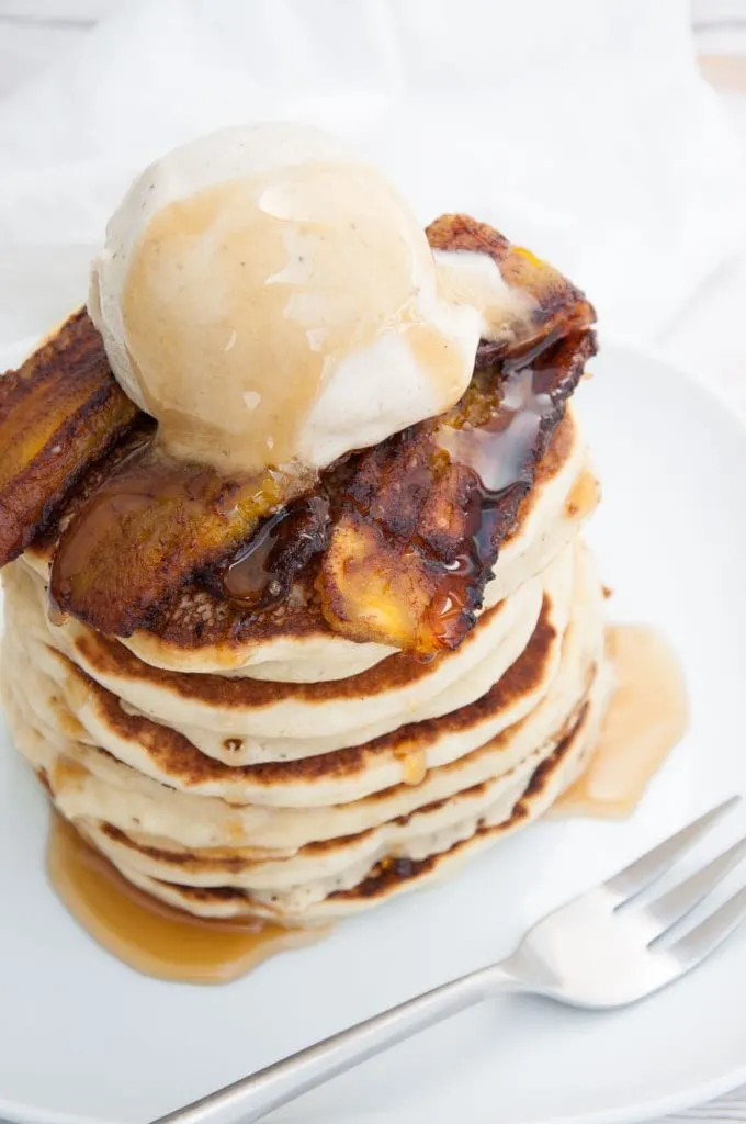 Vegan Banana Pancakes with caramelized plantains, banana ice cream and maple syrup