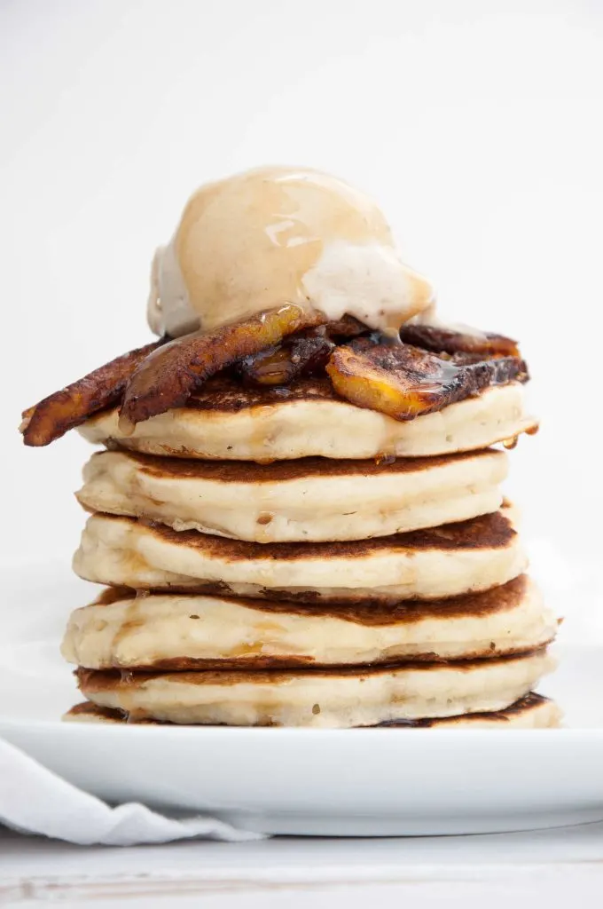 Vegan Banana Pancakes with caramelized plantains, banana ice cream and maple syrup