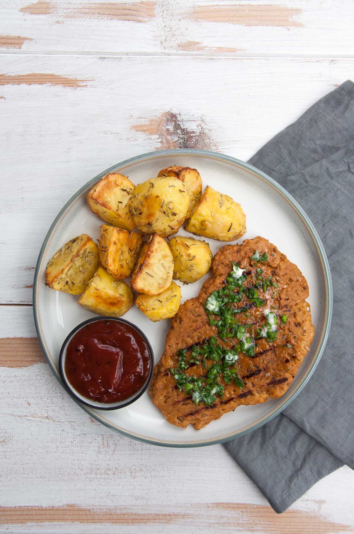Vegan Steak with Herb Butter and Roasted Potatoes 