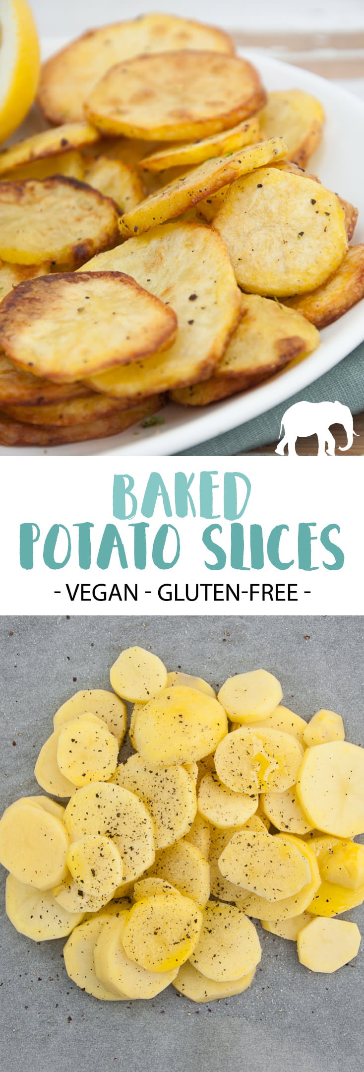 These Oven Baked Potato Slices are easy to make and versatile. You can serve them as a side dish or with a dip as a snack! They are crispy on the outside and soft on the inside. | ElephantasticVegan.com #vegan #potato