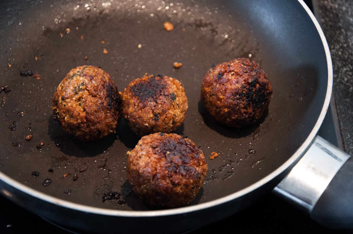 vegan meatballs in pan