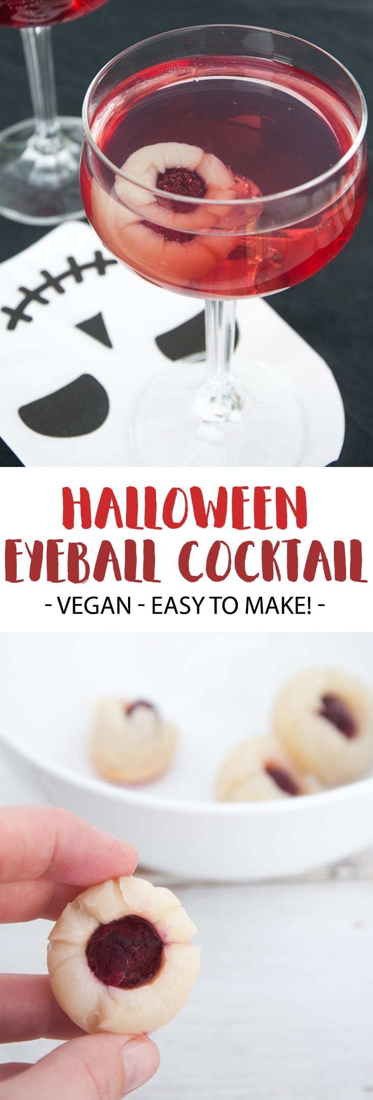 This Spooky Halloween Eyeball Cocktail is the perfect crowd-pleasing drink for your Halloween party! The base is a simple Gin Tonic with red grape juice. The eyeball add-in is super easy to make with only 2 ingredients. | ElephantasticVegan.com #halloween #vegan #cocktail