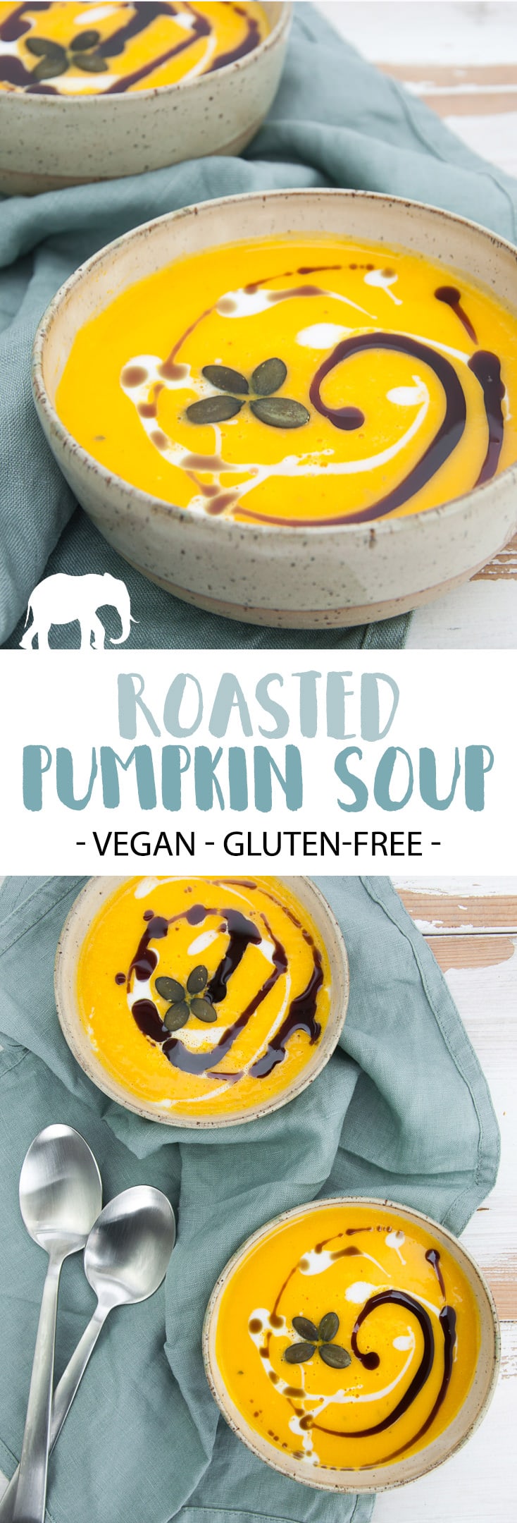 Roasted Pumpkin Soup with coconut milk and pumpkin seed swirls (Vegan + GF) | ElephantasticVegan.com #vegan #pumpkin #soup #fall