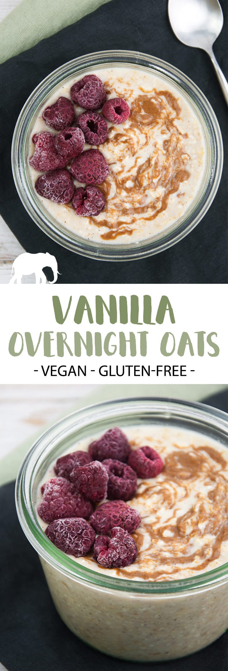 Simple Vanilla Overnight Oats topped with Almond Butter and Frozen Raspberries | ElephantasticVegan.com #overnightoats #vegan #plantbased #vanilla #breakfast
