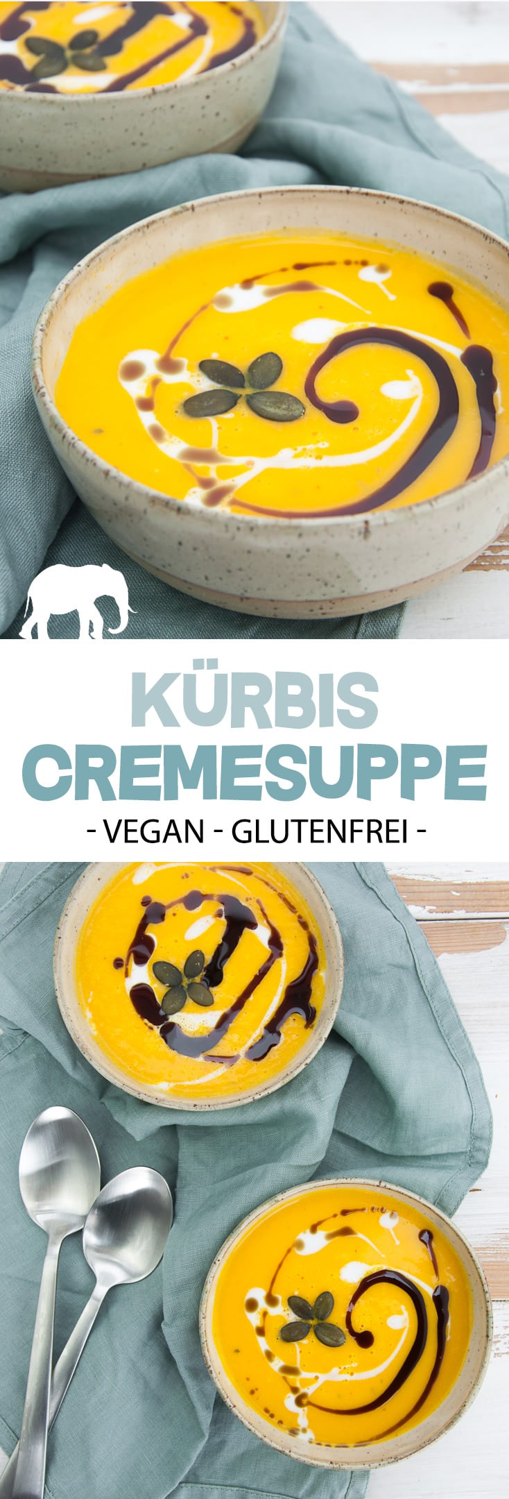 Vegane Kürbiscremesuppe mit Kokosmilch, Kürbiskernöl und Kürbiskernen (vegan + glutenfrei) | ElephantasticVegan.de #kürbis #suppe #vegan #glutenfrei