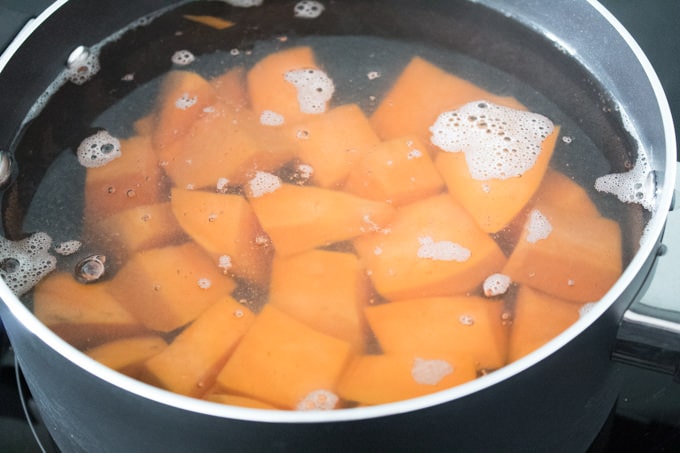 boiling sweet potato chunks