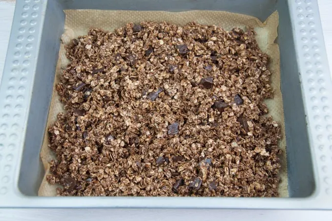 Chocolate Granola in a baking dish