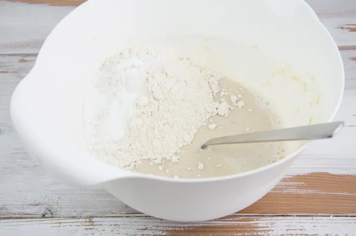 wet and dry ingredients for the vegan blueberry pancakes in a bowl