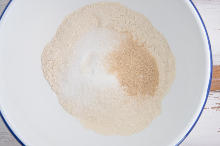 flour, sugar, instant yeast in a bowl