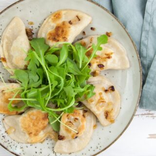 Vegan Pierogi filled with potatoes, onion, and cumin