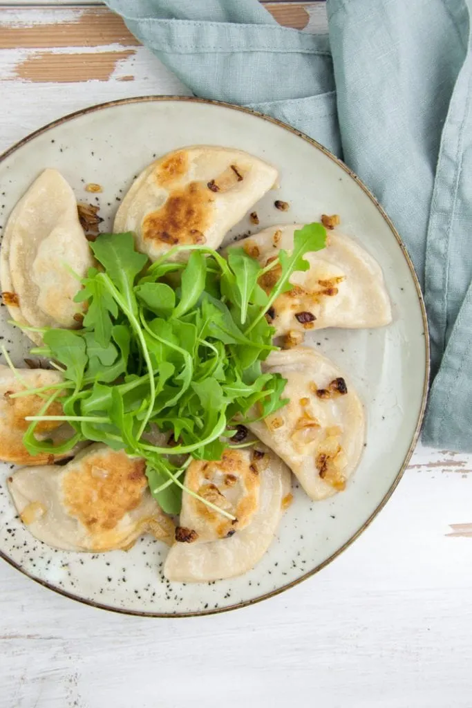 Vegan Pierogi filled with potatoes, onion, and cumin