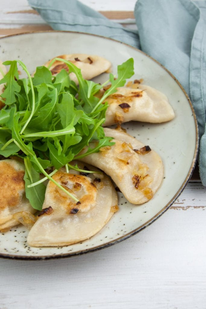 Vegan Pierogi filled with potatoes, onion, and cumin