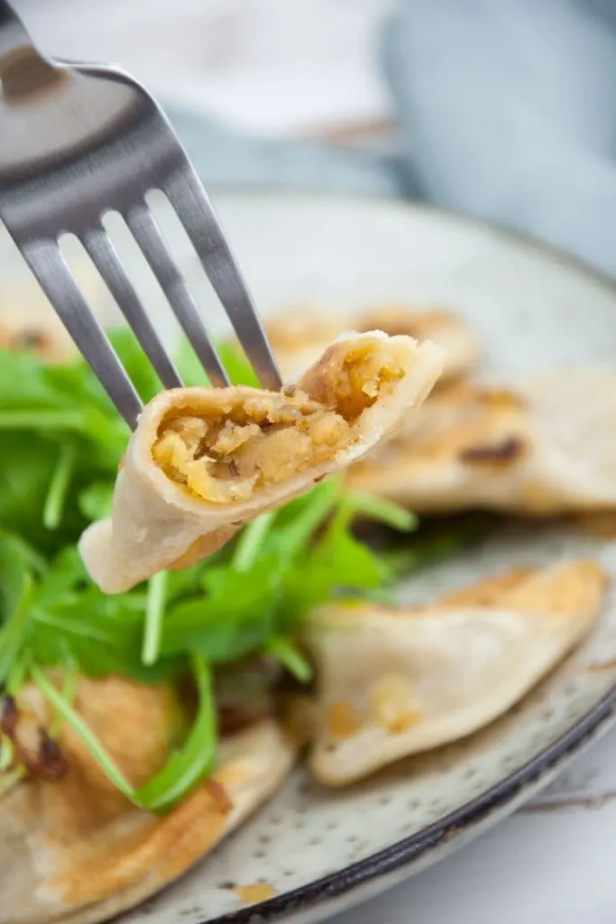 Vegan Pierogi filled with potatoes, onion, and cumin