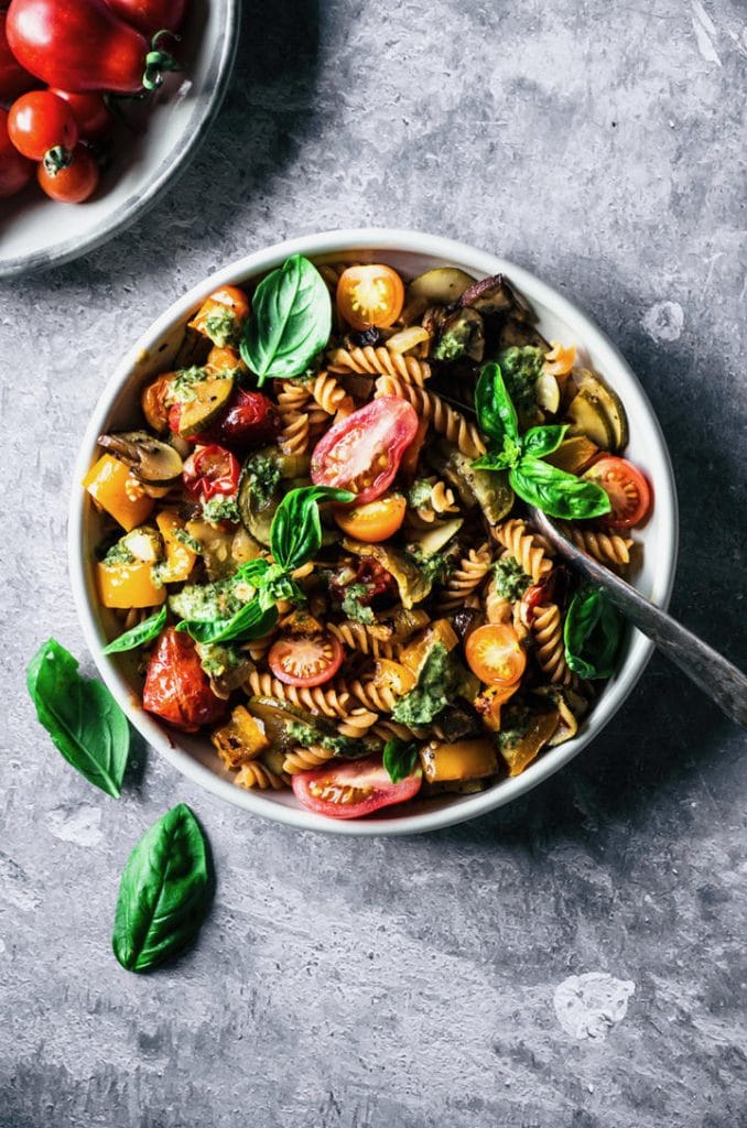 Summer pasta with roasted zucchini, tomatoes, peppers, and mushrooms