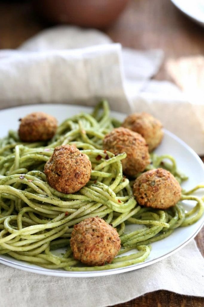 Pesto Spaghetti with Chickpea Meatballs