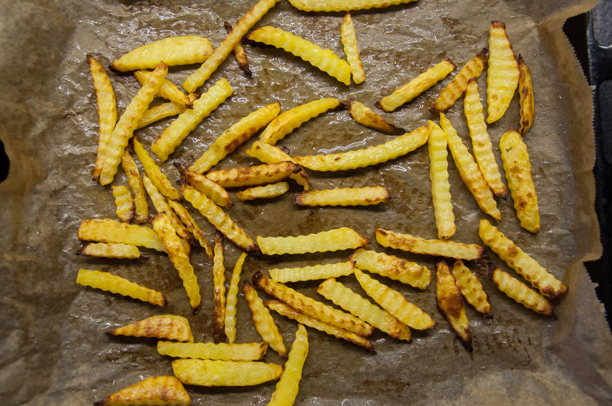 Crinkle Cut Fries baked on baking tray