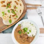 Easy Vegan Naan served with falafel curry and basmati rice