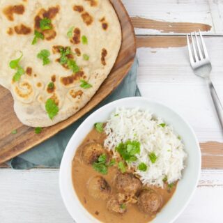 Easy Vegan Naan served with falafel curry and basmati rice