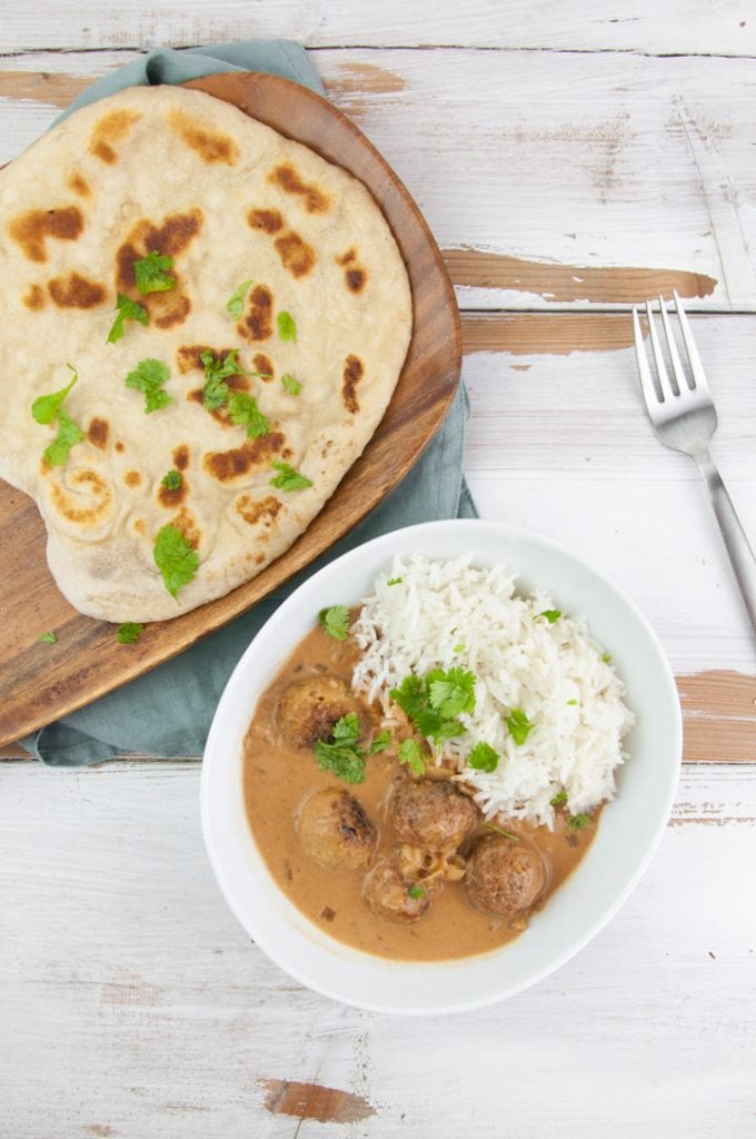 Easy Vegan Naan served with falafel curry and basmati rice