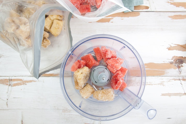 frozen bananas and watermelon in food processor