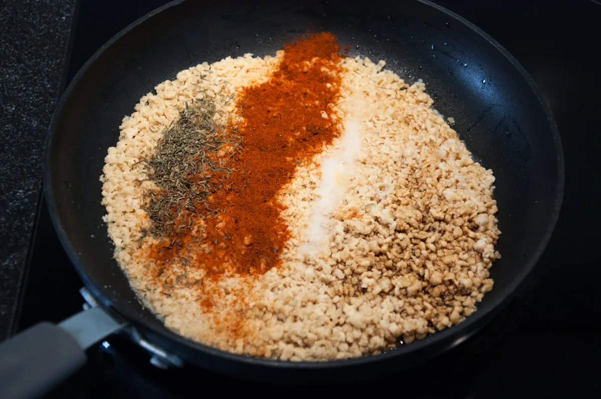 soy granule and spices in the pan