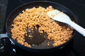 soy granule in the pan with oil