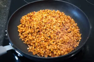 Vegan Bacon Bits made with TVP in the pan