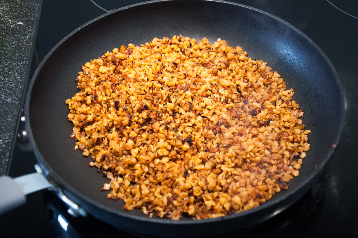 Vegan Bacon Bits made with TVP in the pan