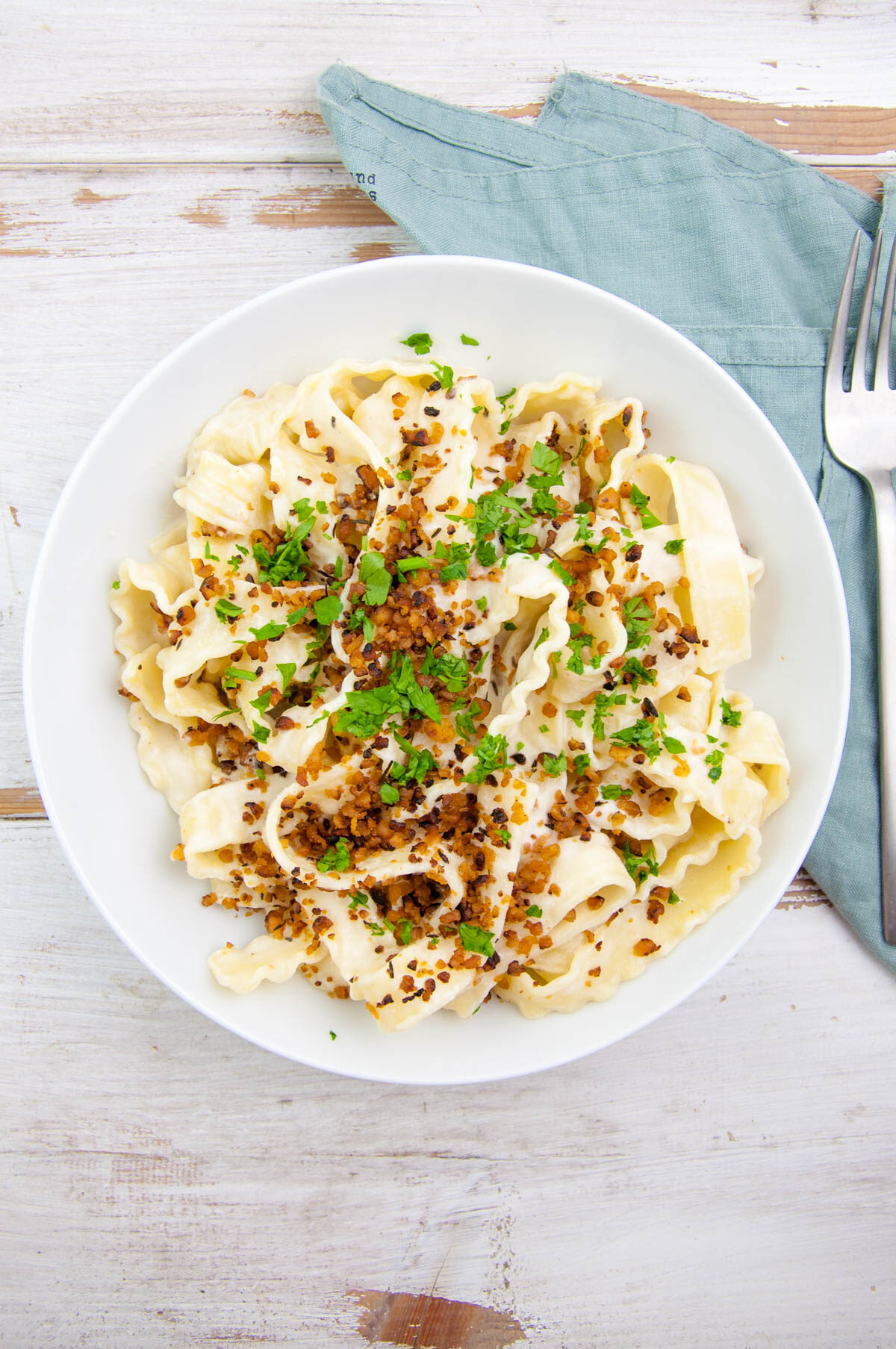 Vegan Cashew Carbonara Pasta with TVP Bacon