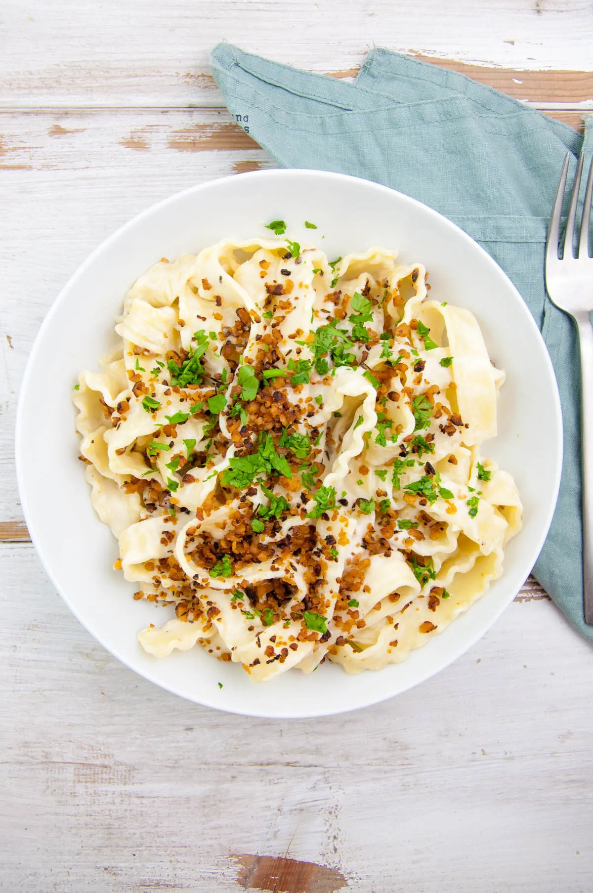 Vegan Cashew Carbonara Pasta with TVP Bacon