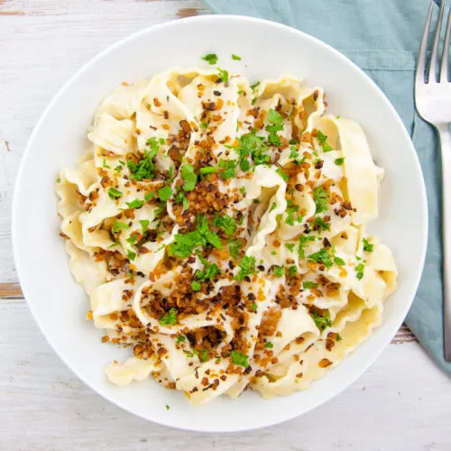 Vegan Cashew Carbonara Pasta with TVP Bacon