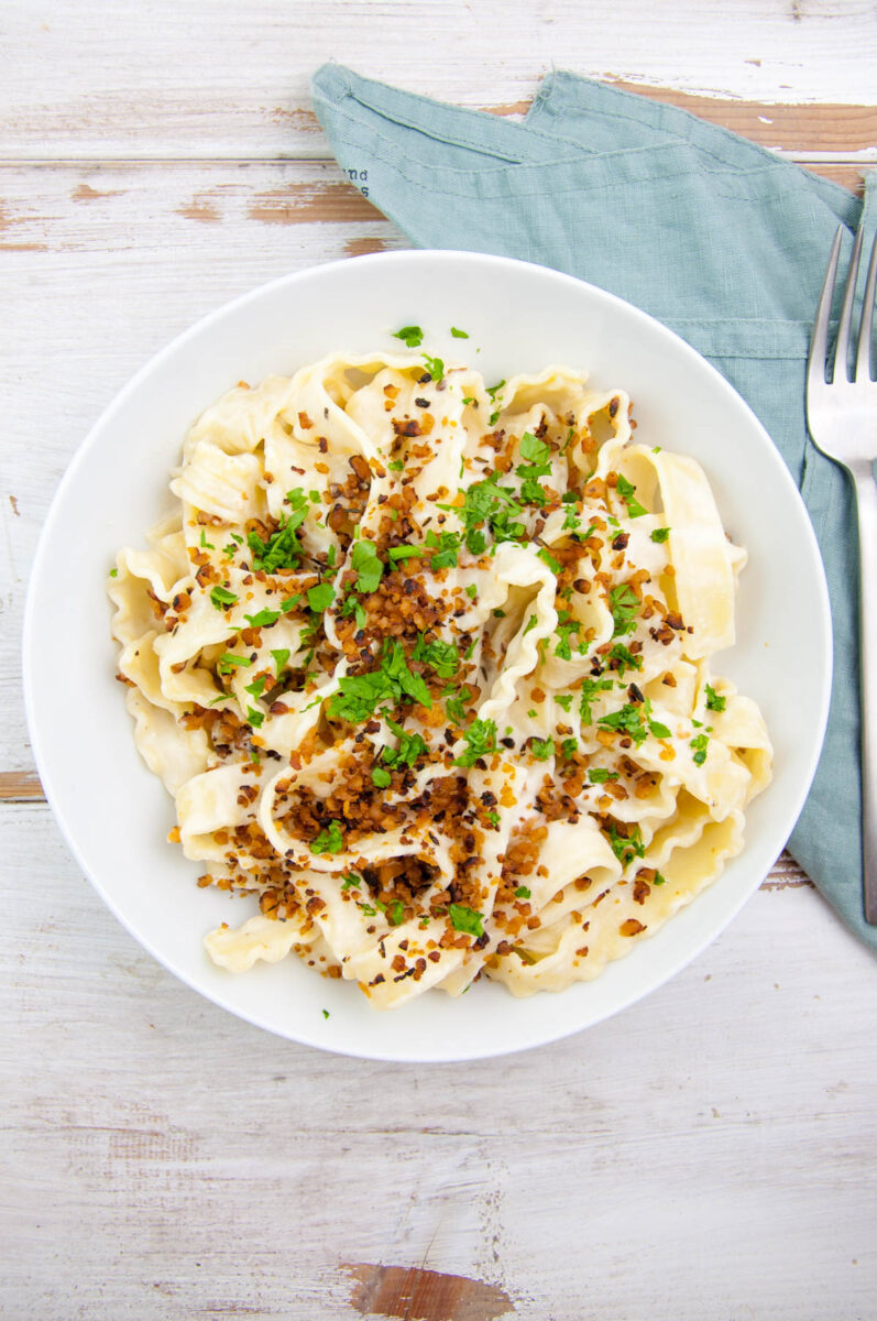 Vegan Cashew Carbonara Pasta with TVP Bacon