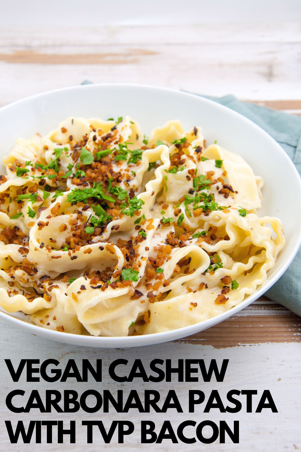 Vegan Cashew Carbonara Pasta with TVP Bacon