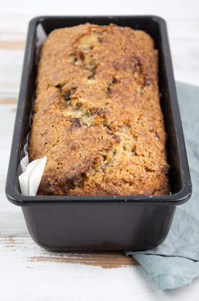 banana bread in baking pan