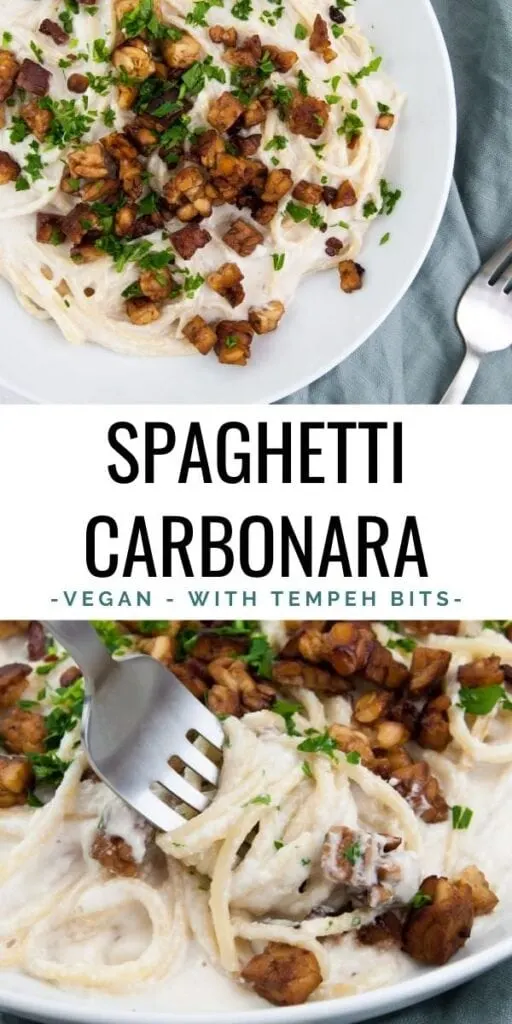 Vegan Spaghetti Carbonara with smoky tempeh bits