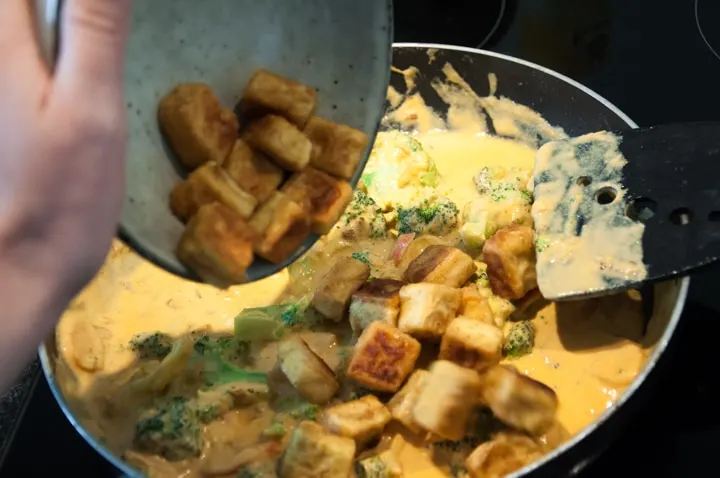 adding tofu to cashew curry