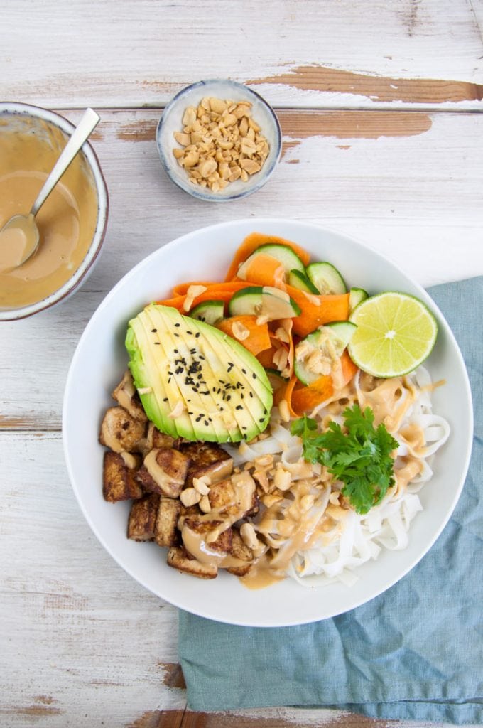 Tofu & Rice Noodle Bowl with peanut sauce