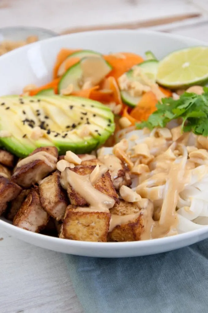 Tofu & Rice Noodle Bowl with peanut sauce