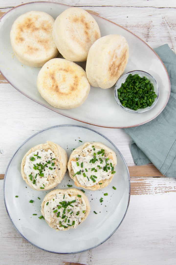 english muffins with cream cheese and chives