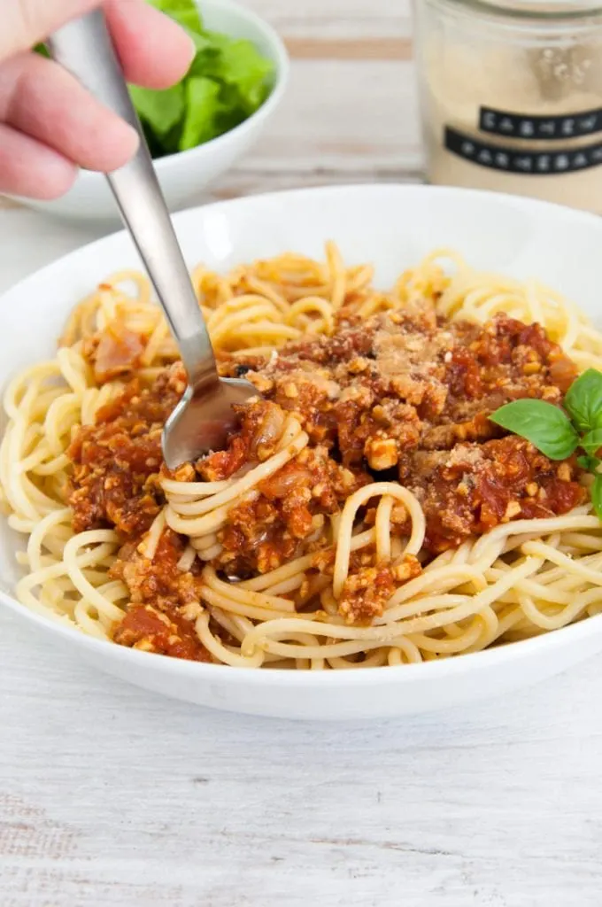 Tempeh Bolognese over spaghetti