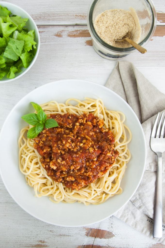 Tempeh Bolognese over spaghetti