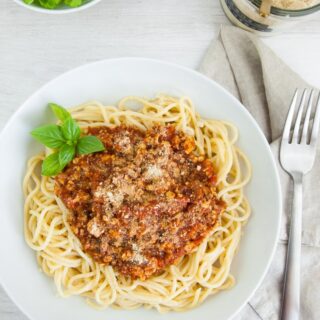 Tempeh Bolognese over spaghetti