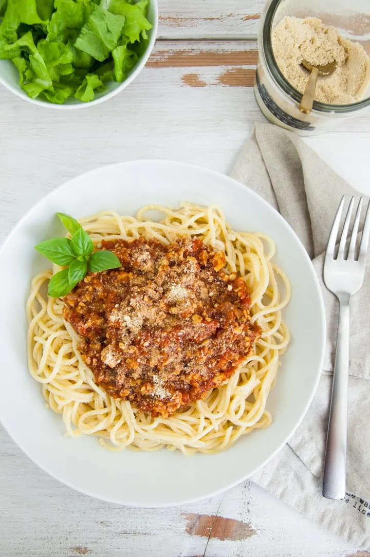 Tempeh Bolognese over spaghetti