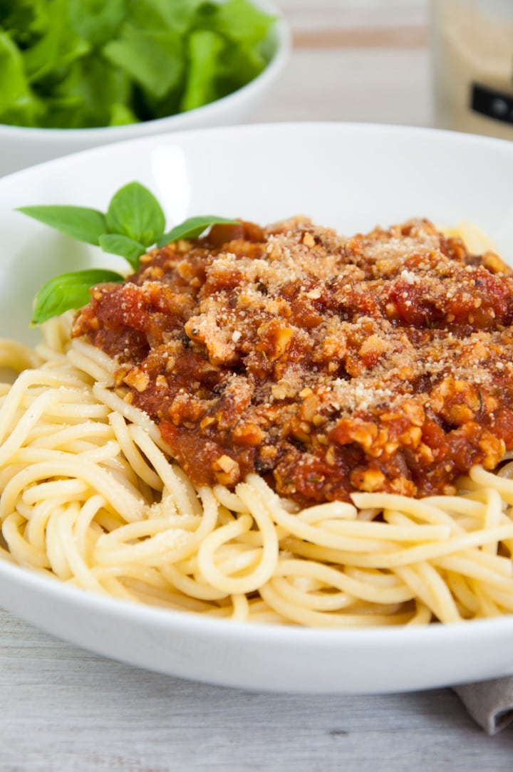 Tempeh Bolognese over spaghetti