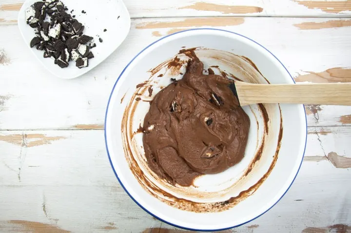 brownie batter with oreo chunks in bowl