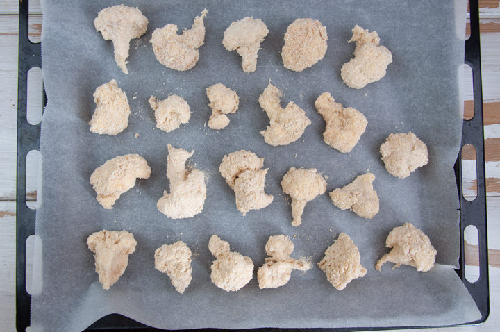 breaded cauliflower on baking tray