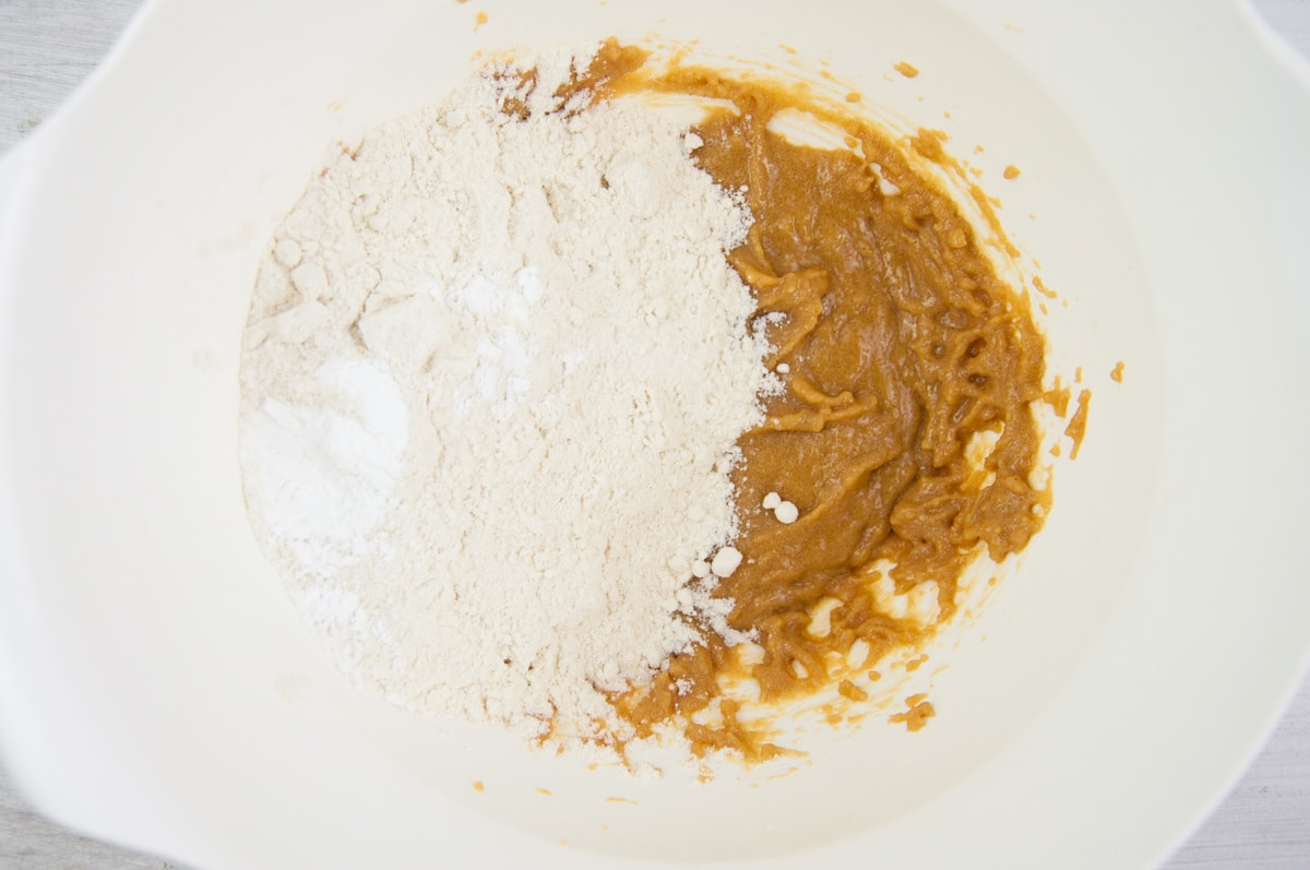 whipped peanut butter, flour and baking powder in a bowl