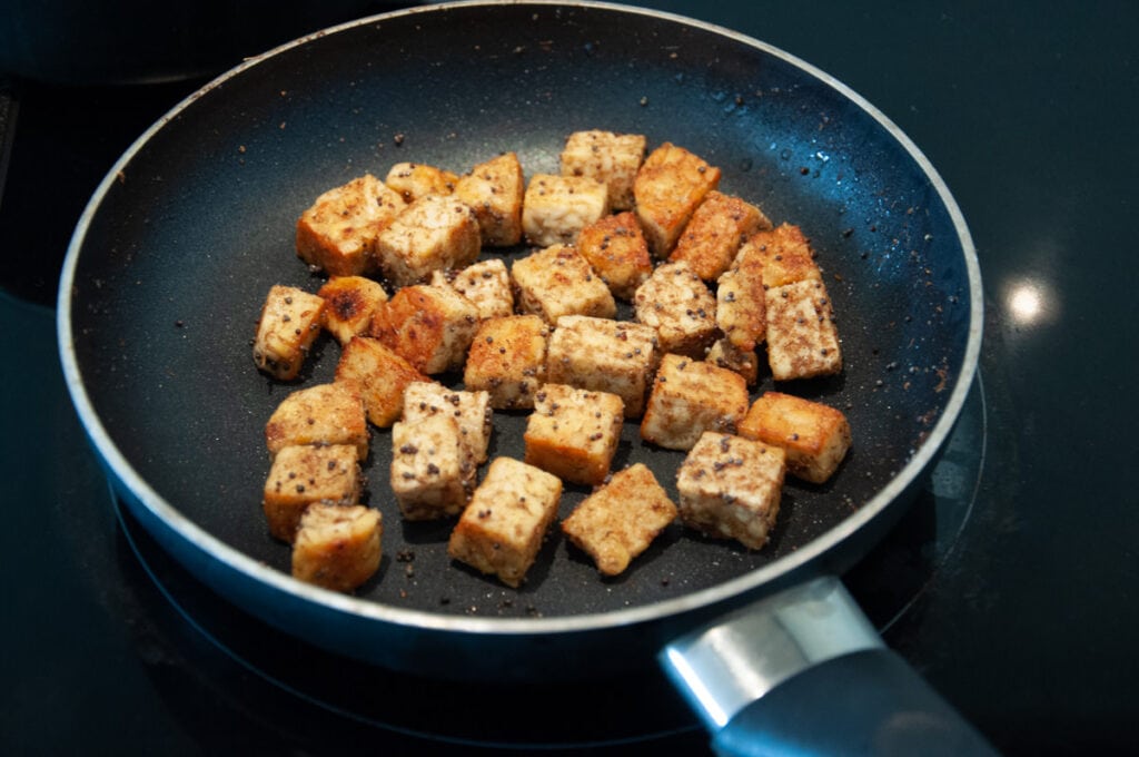 tempeh cubes in pan