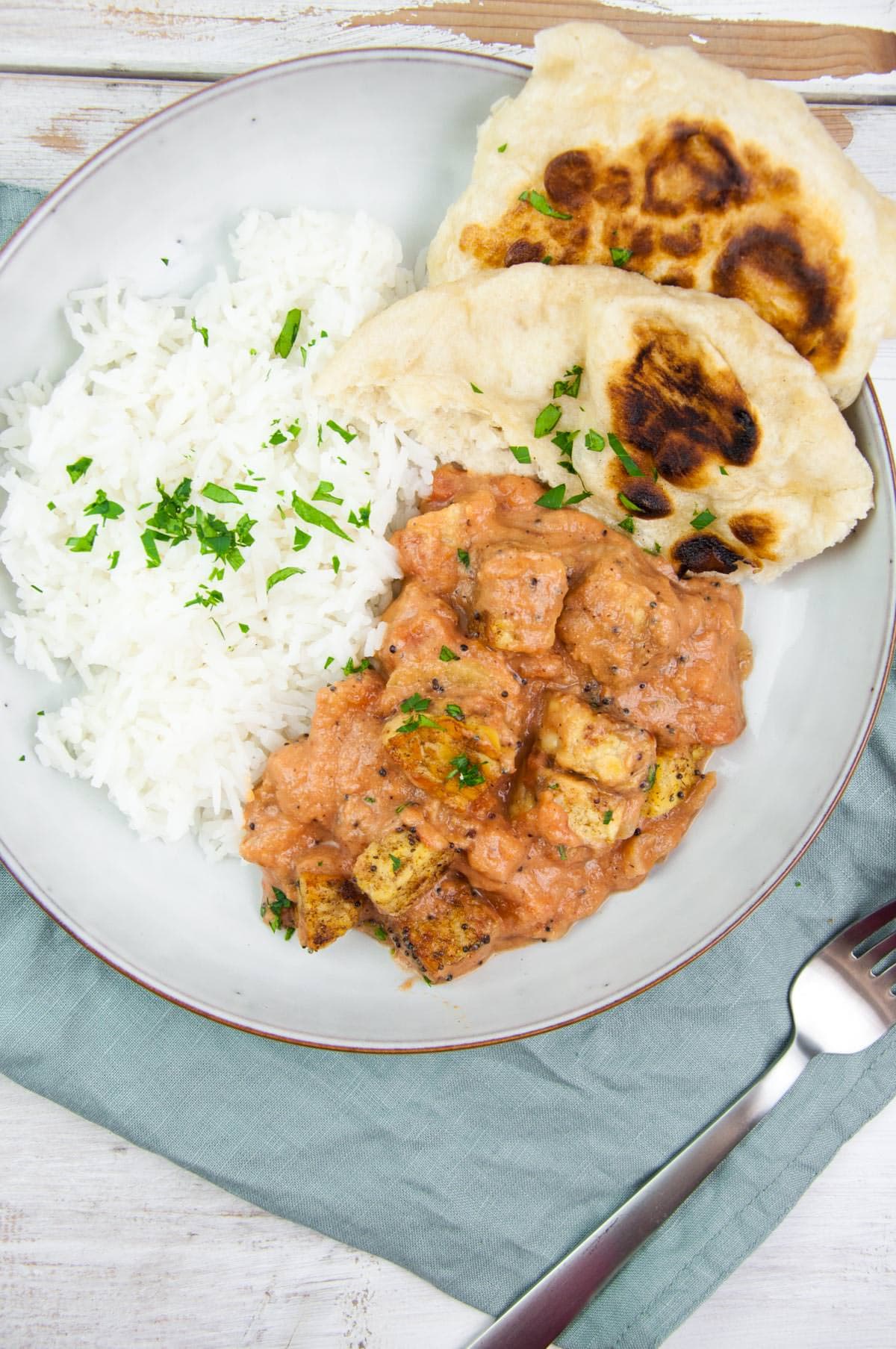 Vegan Tempeh Curry with basmati rice and naan