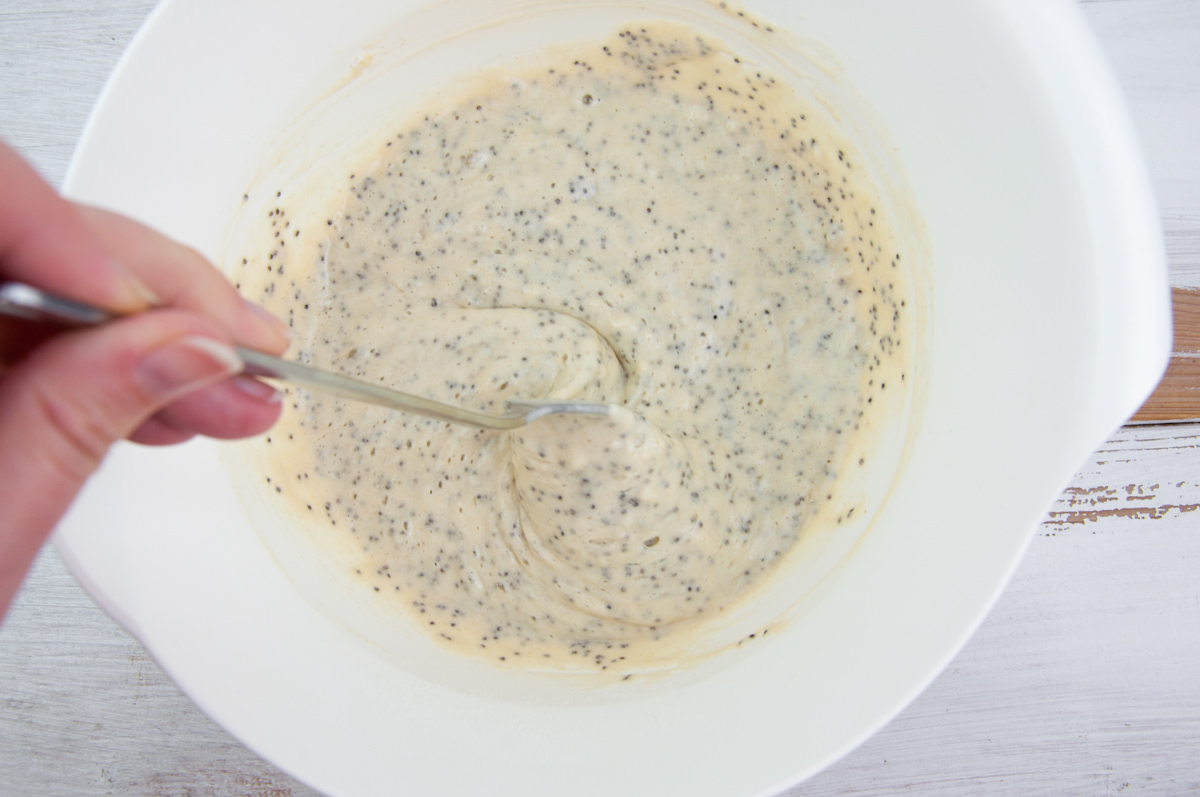 lemon poppy seed pancake batter in bowl